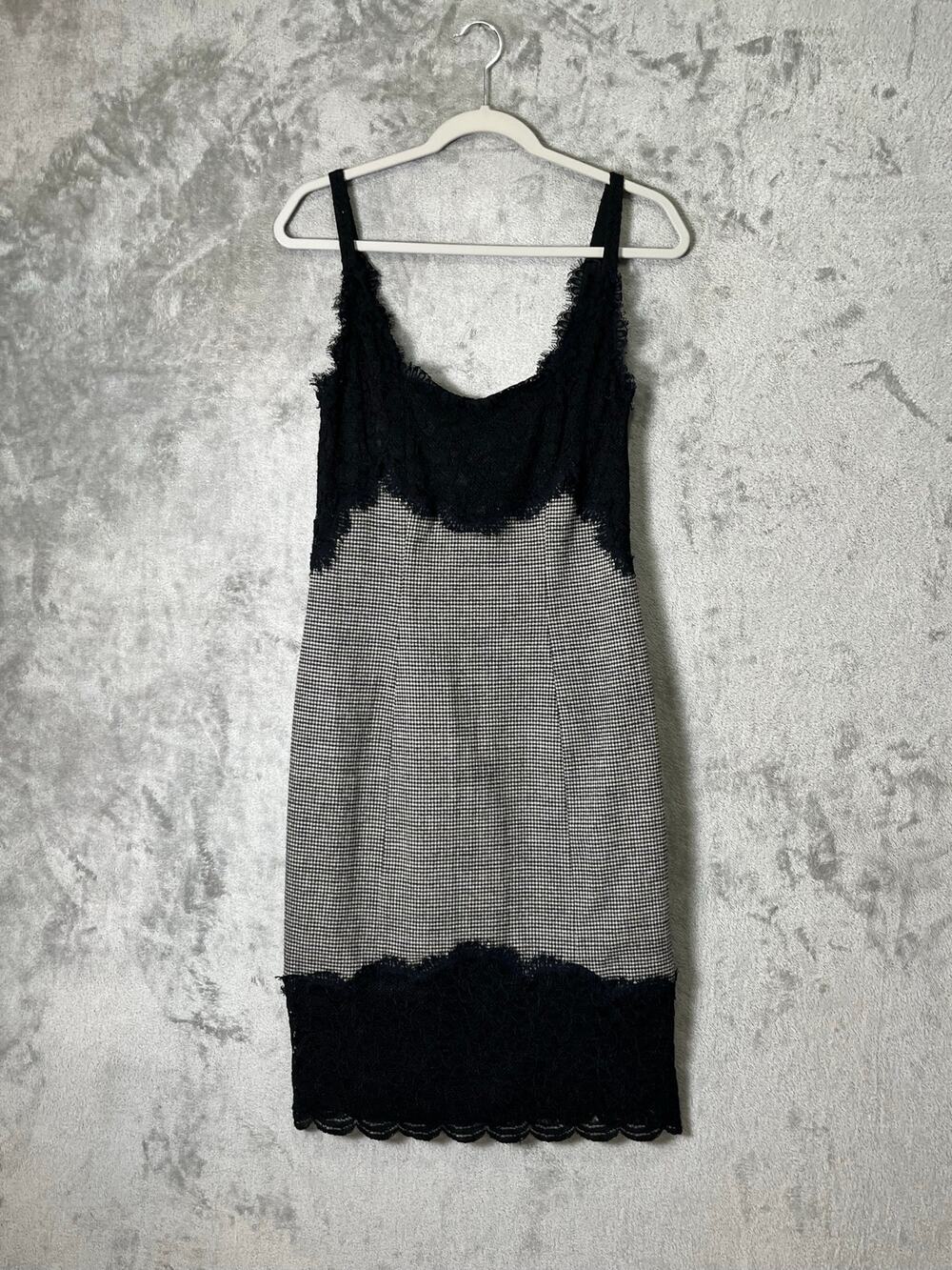Diane von Furstenberg Olivette Lace Trim Slip Dress Houndstooth Black 10 New